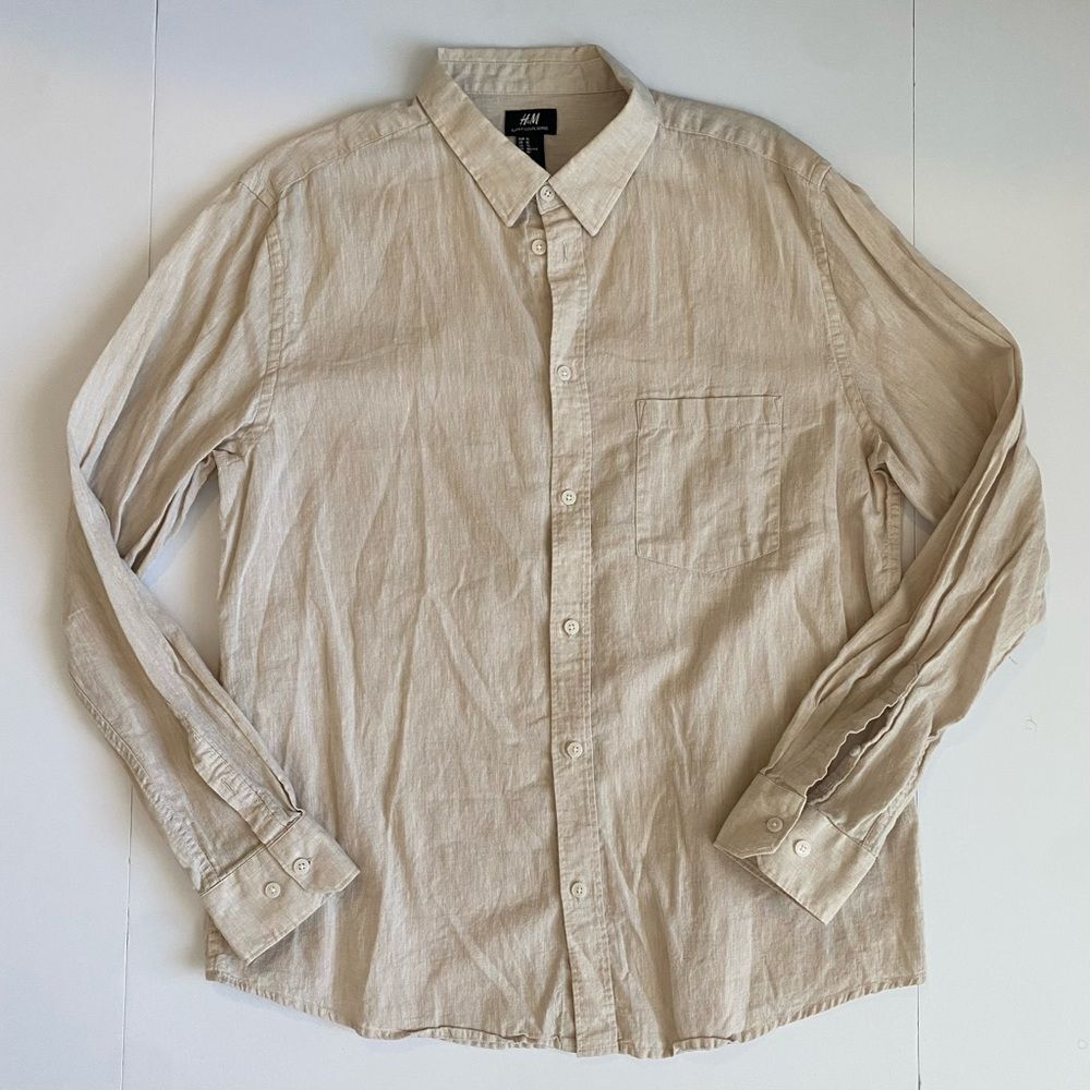 H&M Men's Beige Button Down Linen Blend Shirt XL